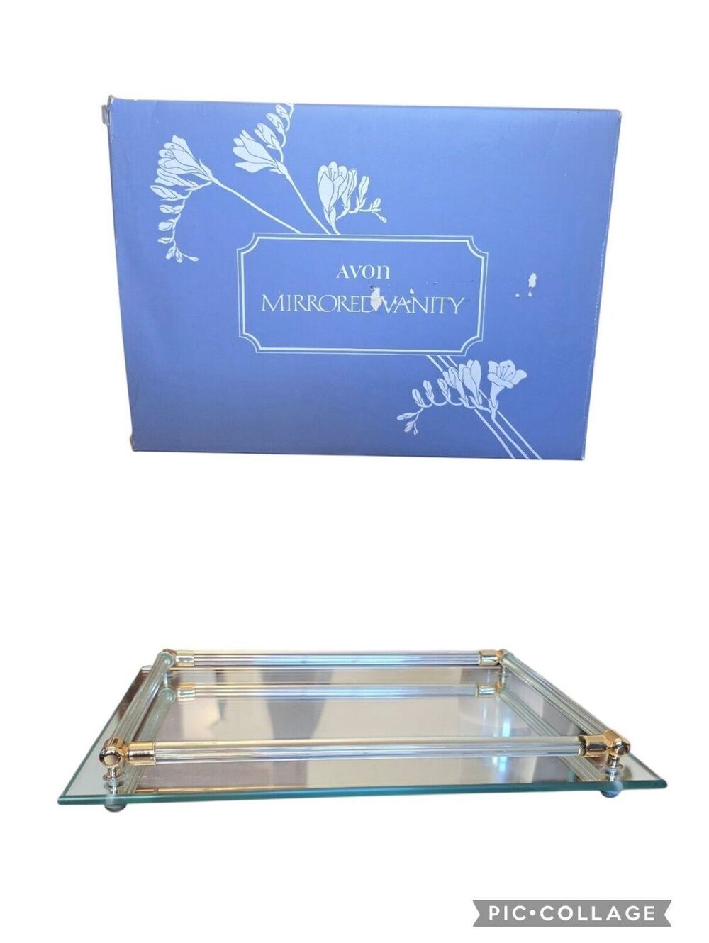 Vintage Avon Mirrored Vanity Tray Tray w/ Lucite & Brass Handles NOS 11"x 8"